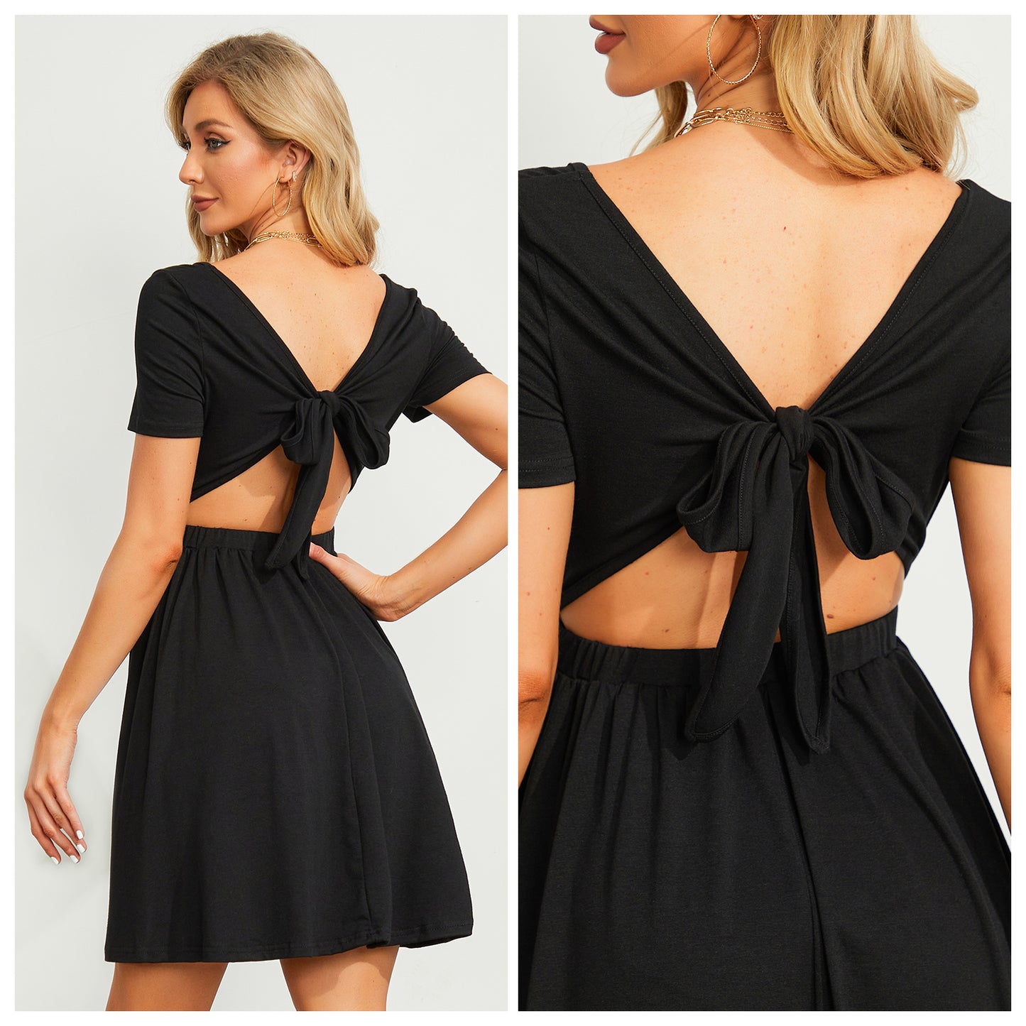 Exlura Women’s Short Sleeve Square Neck Skater Dress Backless Knit Tie Back High Waist Flowy Mini Dress