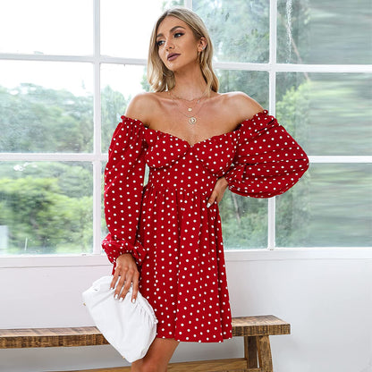 EXLURA Women's Polka Dot Off Shoulder Ruffled Chiffon Mini Dress Long Lantern Sleeve A-line Dresses Deep V-Neck Casual Dress
