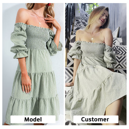 EXLURA Women's Back Tie Knot Square Neck Smocked Bust Puff Elbow Sleeve Ruffle Plaid Tiered Midi Dress