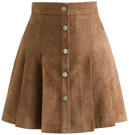 Exlura Womens Faux Suede High Waist Pleated Short Skirt Elastic Button Front Skater Mini Skirt