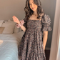 Exlura Women’s Tie Back Square Neck Dresses Puff Elbow Sleeve Off Shoulder Tiered Ruffle Floral Backless Mini Dress