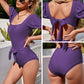 Exlura Women’s Tie Back One Piece Swimsuit Puff Short Sleeve Square Neck Swimwear High Cut Backless Bathing Suit