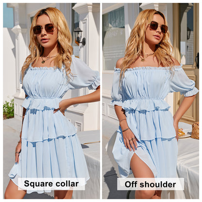 Exlura Women’s Off Shoulder Ruffle Short Dress Flowy Tiered Smocked 3/4 Puff Sleeve High Waist Casual Mini Dress