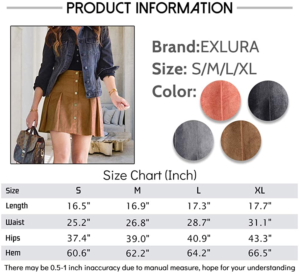 Exlura Womens Faux Suede High Waist Pleated Short Skirt Elastic Button Front Skater Mini Skirt
