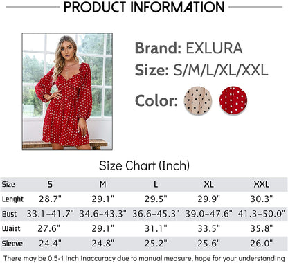 EXLURA Women's Polka Dot Off Shoulder Ruffled Chiffon Mini Dress Long Lantern Sleeve A-line Dresses Deep V-Neck Casual Dress