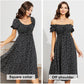 EXLURA Womens Square Neck Dress Puff Short Sleeve High Waist Smocked Ruffle Floral Sweetheart Neckline A-line Midi Dress