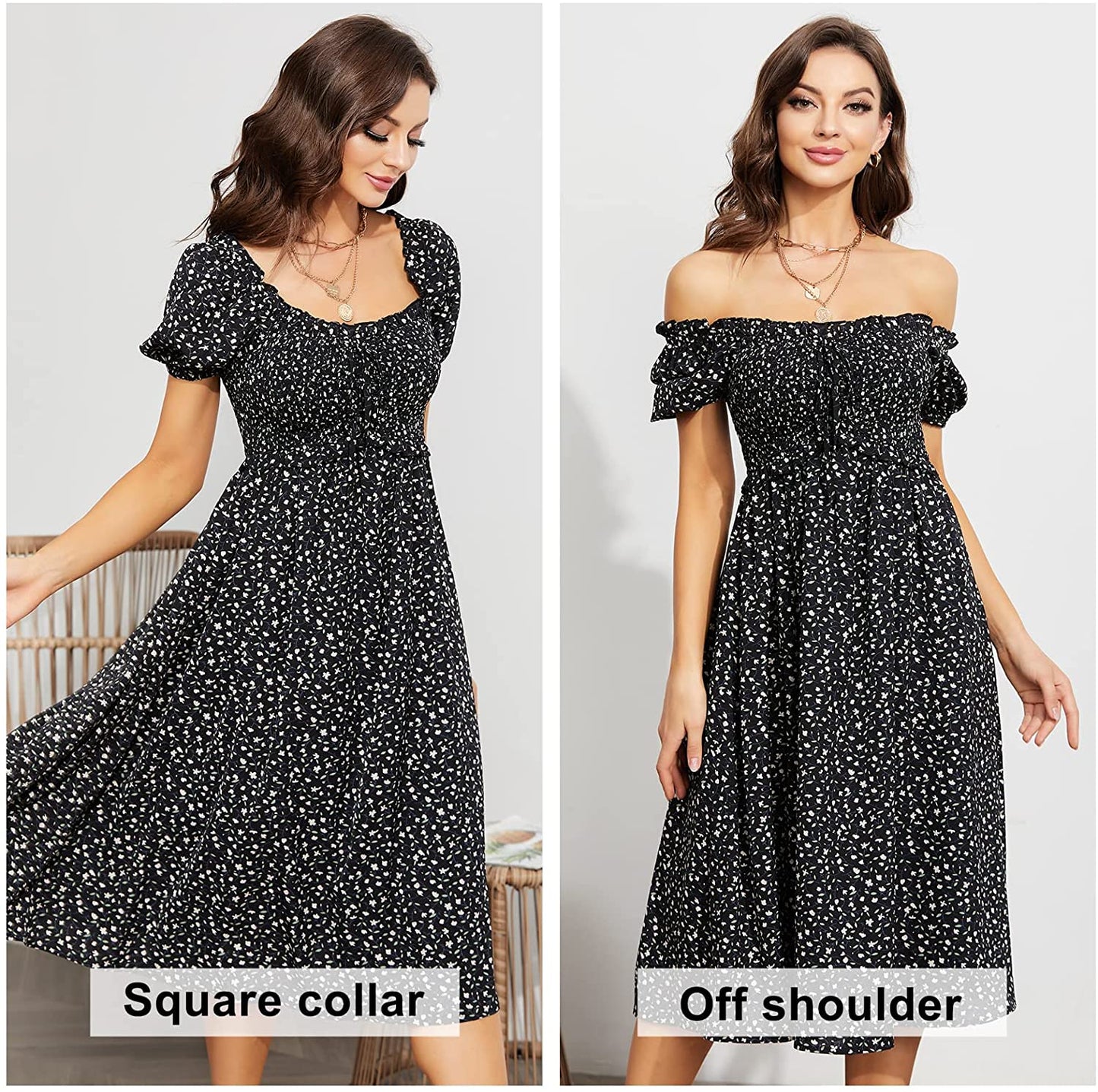 EXLURA Womens Square Neck Dress Puff Short Sleeve High Waist Smocked Ruffle Floral Sweetheart Neckline A-line Midi Dress