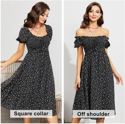 EXLURA Womens Square Neck Dress Puff Short Sleeve High Waist Smocked Ruffle Floral Sweetheart Neckline A-line Midi Dress