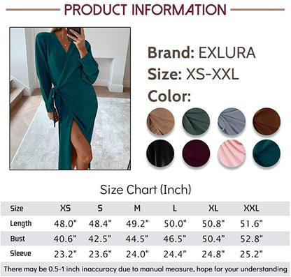 EXLURA Womens Knit Sweater Dress Casual Solid Long Sleeve Wrap Maxi Dresses with Belt