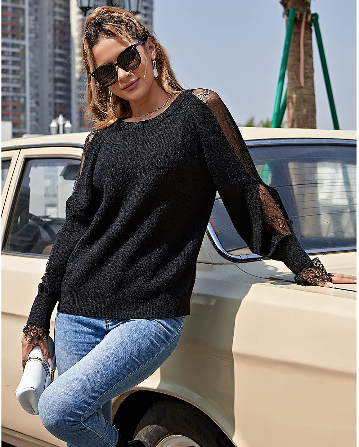 EXLURA Women's Long Sleeve Sweater Cold Shoulder Round Neck Lace Patchwork Tops Chunky Casual Pullover Sweater