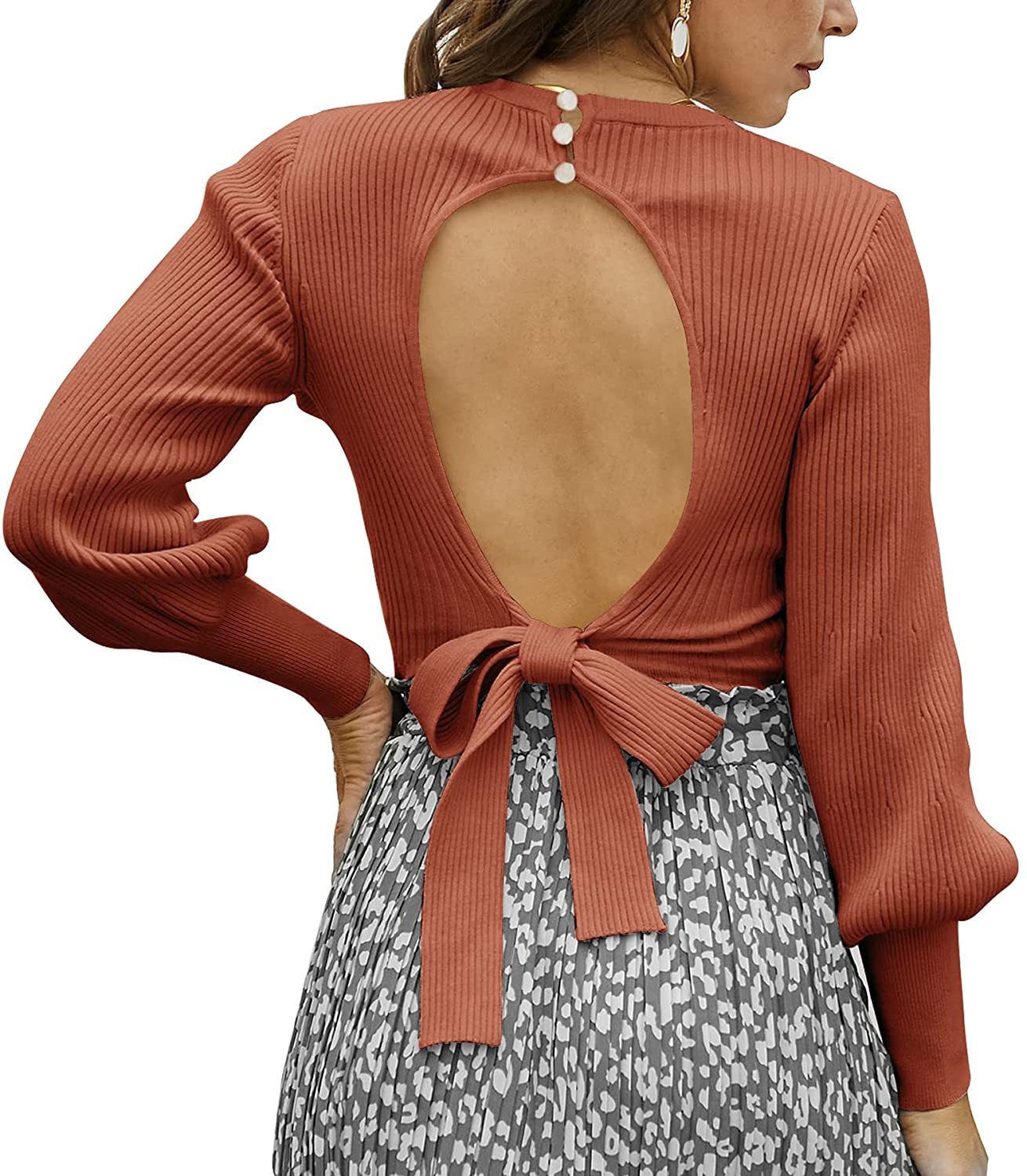 EXLURA Women's Lantern Sleeve Sweater Backless Round Neck Tie Back Knot Lightweight Tops