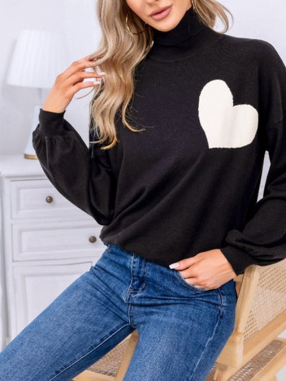 EXLURA Women’s Heart Chunky Pullover Sweater Turtleneck Knit Long Puff Sleeve Jumpers Tops Casual Trendy
