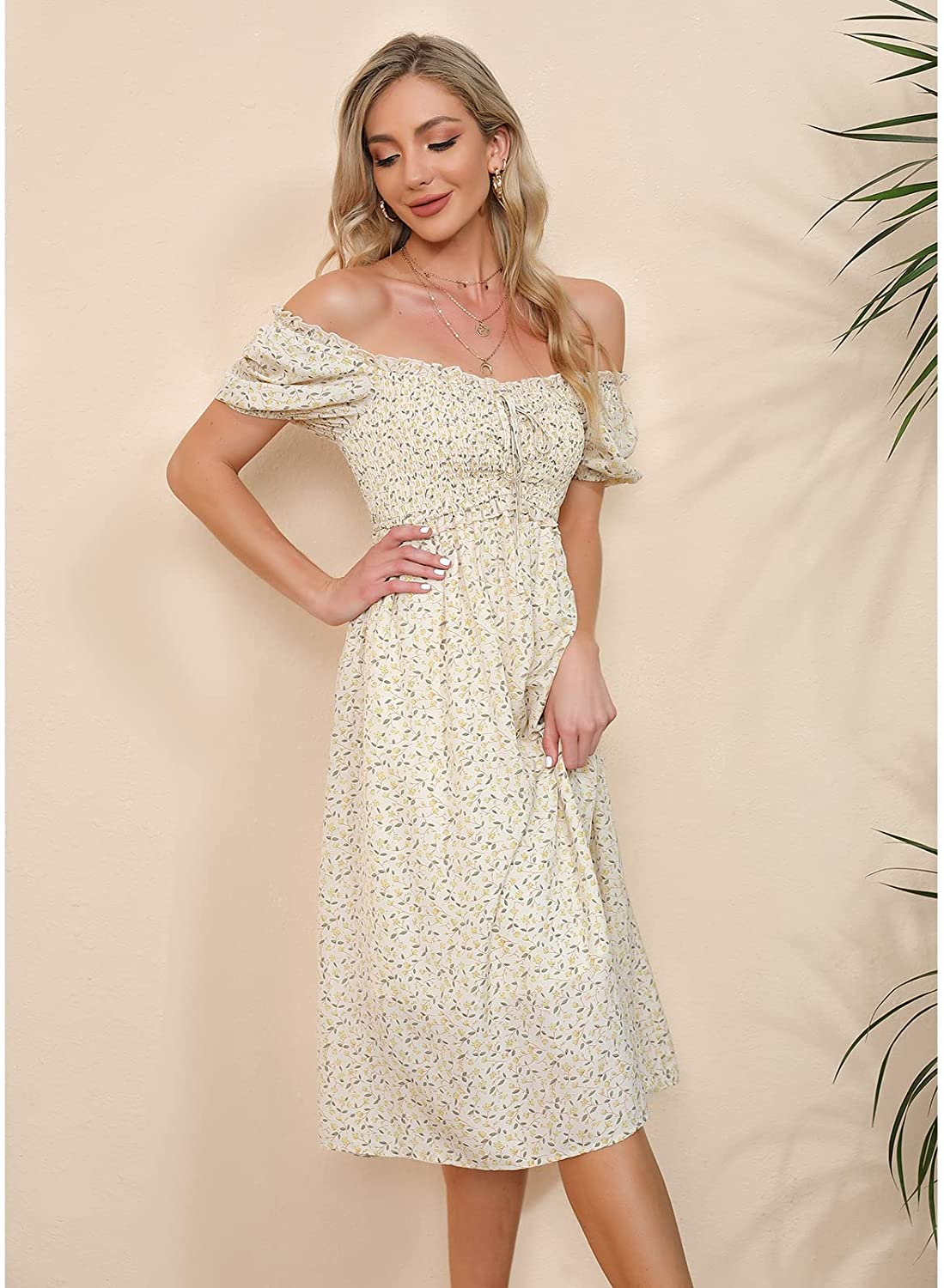 EXLURA Womens Square Neck Dress Puff Short Sleeve High Waist Smocked Ruffle Floral Sweetheart Neckline A-line Midi Dress