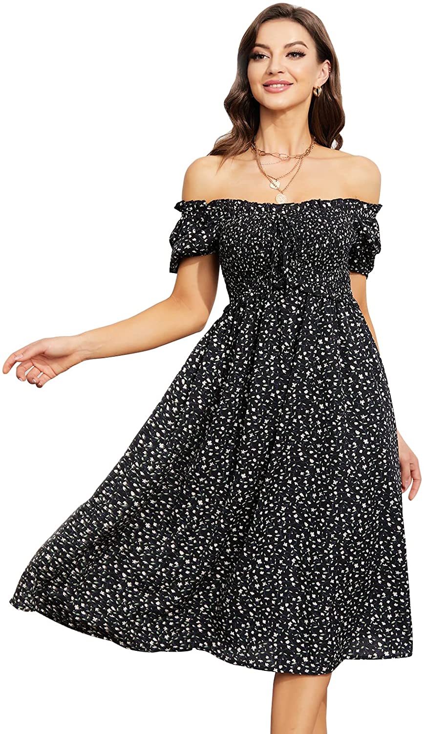 EXLURA Womens Square Neck Dress Puff Short Sleeve High Waist Smocked Ruffle Floral Sweetheart Neckline A-line Midi Dress