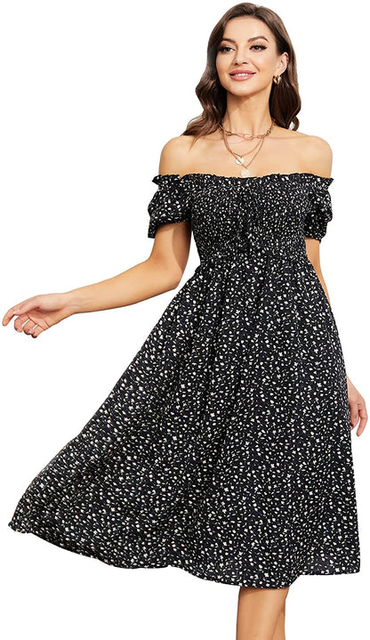 EXLURA Womens Square Neck Dress Puff Short Sleeve High Waist Smocked Ruffle Floral Sweetheart Neckline A-line Midi Dress