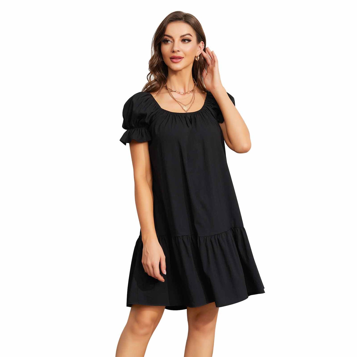 Exlura Women’s Square Neck Puff Short Sleeve Dress Off Shoulder Tiered Ruffle A-Line Babydoll Mini Party Dress