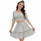 Exlura Women’s Two Piece Tiered Ruffle Outfit Tie Back Elbow Sleeve Crop Top Smocked Waist Off Shoulder Square Neck Tops and Mini Skirt Set