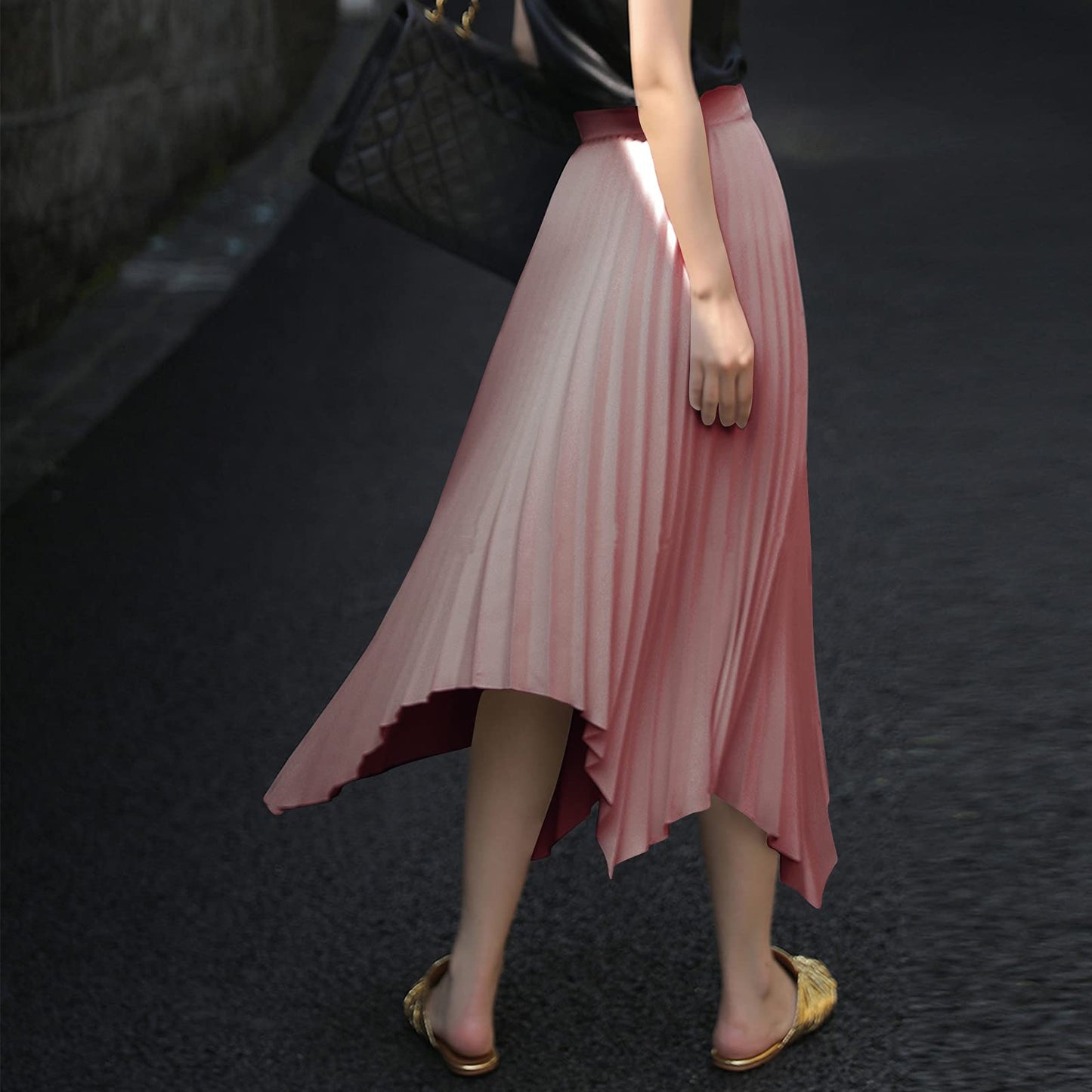 EXLURA Women's Asymmetrical Pleated Midi Skirt High Waist A-Line Flowy Skirt