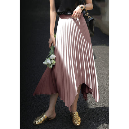 EXLURA Women's Asymmetrical Pleated Midi Skirt High Waist A-Line Flowy Skirt