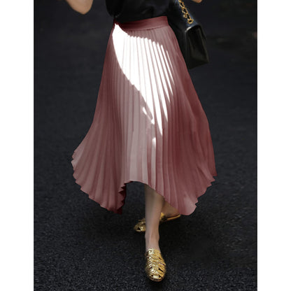 EXLURA Women's Asymmetrical Pleated Midi Skirt High Waist A-Line Flowy Skirt