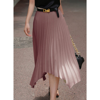 EXLURA Women's Asymmetrical Pleated Midi Skirt High Waist A-Line Flowy Skirt
