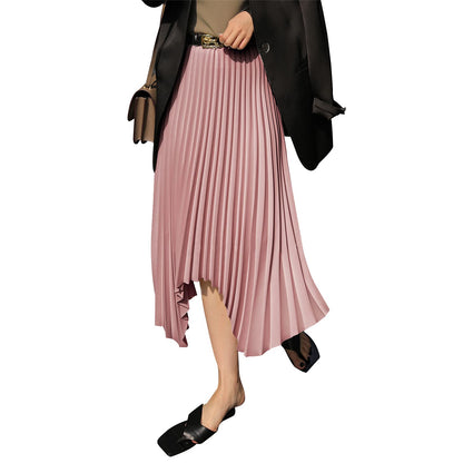 EXLURA Women's Asymmetrical Pleated Midi Skirt High Waist A-Line Flowy Skirt