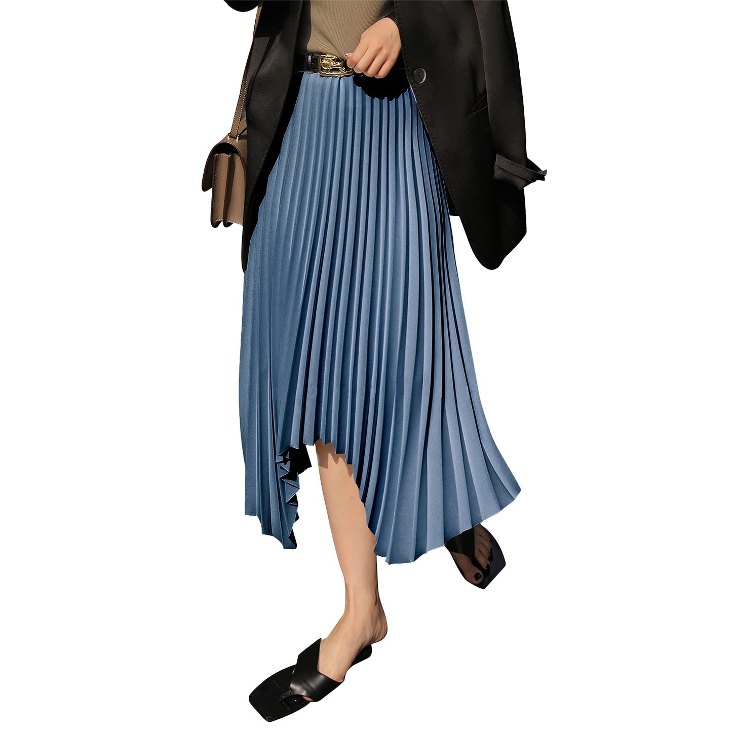 EXLURA Women's Asymmetrical Pleated Midi Skirt High Waist A-Line Flowy Skirt