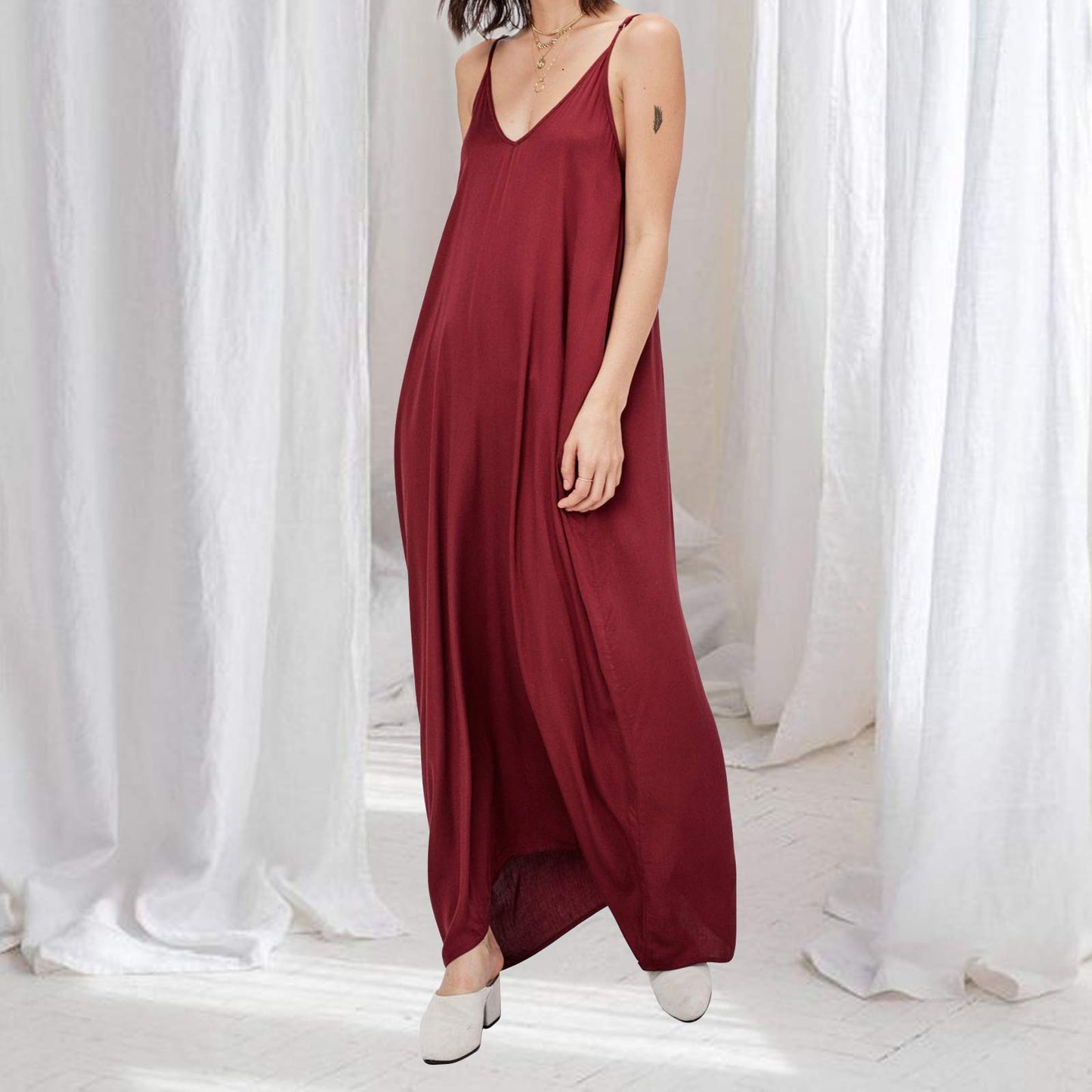 EXLURA Women's Tie Shoulder Scoop Neck Sleeveless Cami Split Maxi Dress T-Shirt Strappy Backless House Jersey Dress