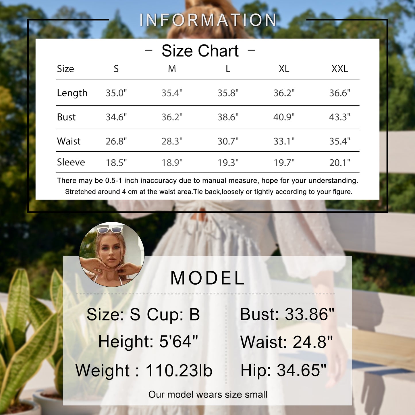 Exlura Women’s Puff 3/4 Sleeve V Neck Dress Ruffle High Waist Tie Back Backless Swiss Dot Keyhole Mini Dress