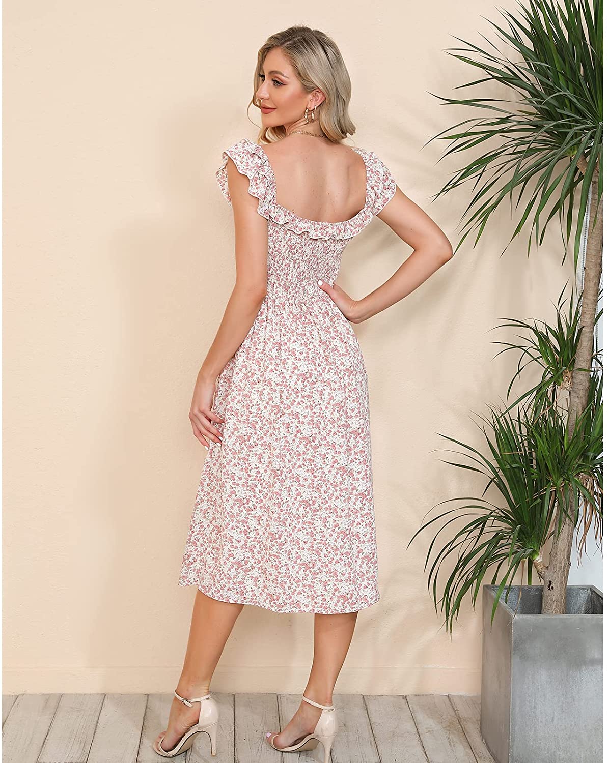 EXLURA Women's Sleeveless Dress Square Neck Floral Print High Waist A-line Ruffle Smocked Backless Midi Dress