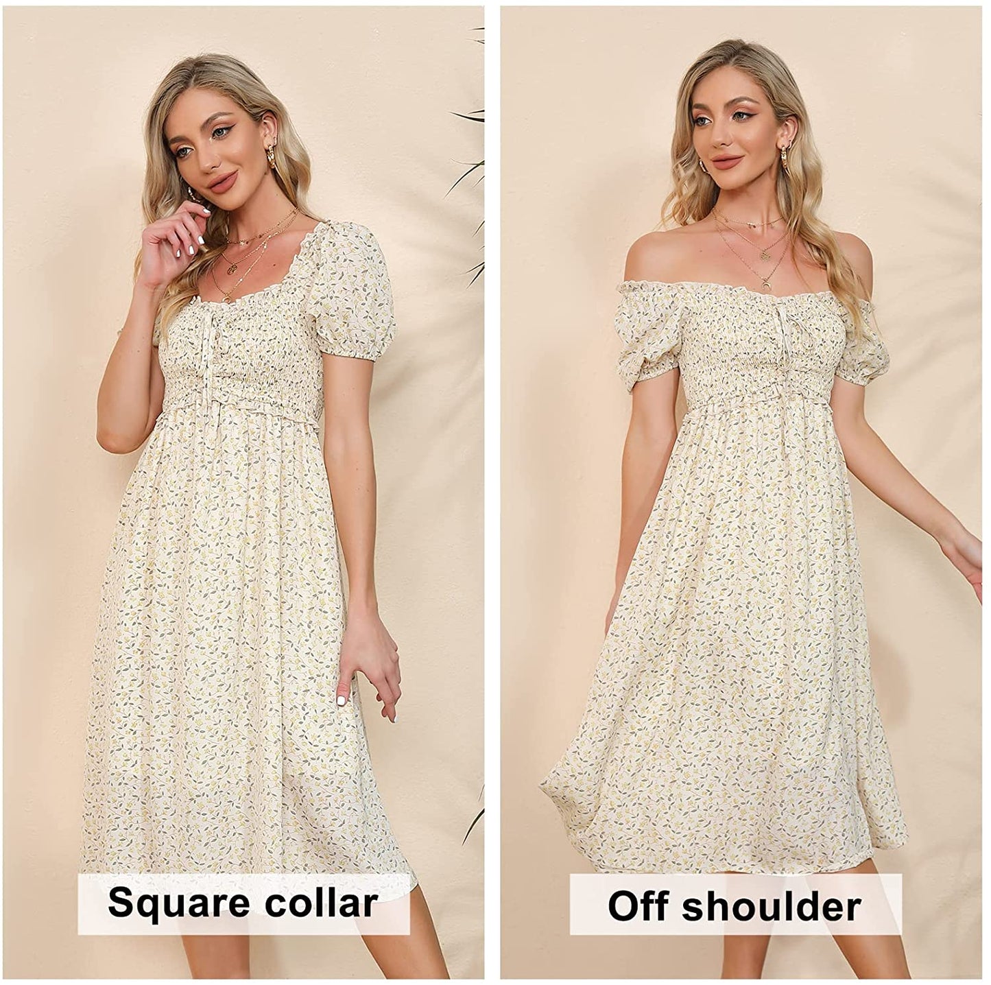 EXLURA Womens Square Neck Dress Puff Short Sleeve High Waist Smocked Ruffle Floral Sweetheart Neckline A-line Midi Dress