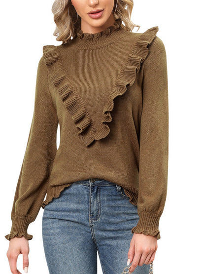 EXLURA Women's Ruffle Chunky Pullover Sweater Mock Turtleneck Long Puff Sleeve Jumpers Casual Trendy Tops