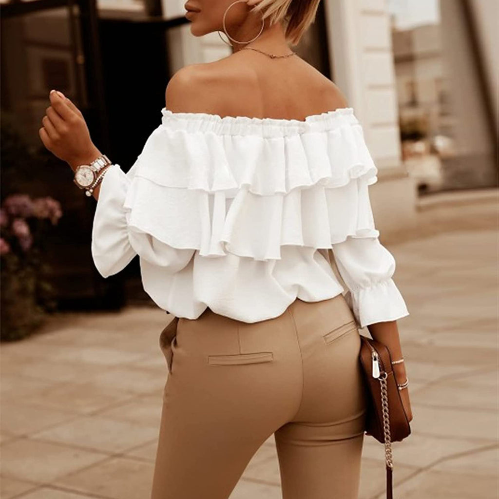 Off Shoulder Ruffle Long Sleeve Blouses Casual Layered Tops