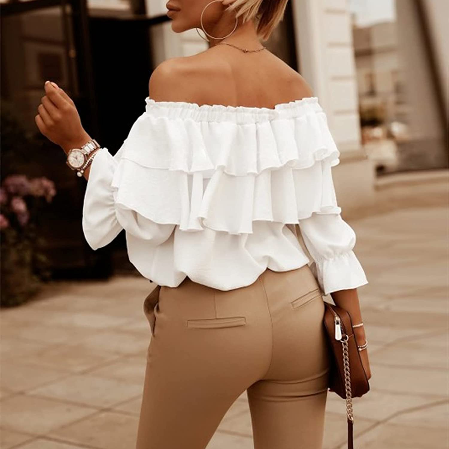 Off Shoulder Ruffle Long Sleeve Blouses Casual Layered Tops
