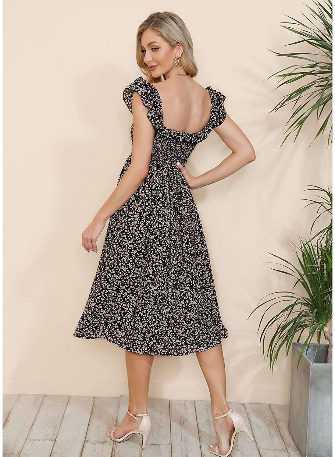 EXLURA Women's Sleeveless Dress Square Neck Floral Print High Waist A-line Ruffle Smocked Backless Midi Dress