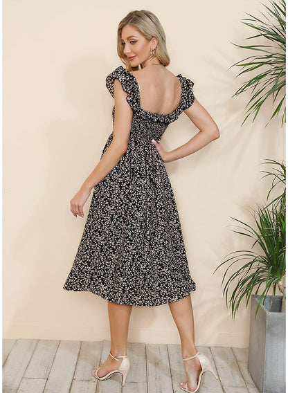 EXLURA Women's Sleeveless Dress Square Neck Floral Print High Waist A-line Ruffle Smocked Backless Midi Dress