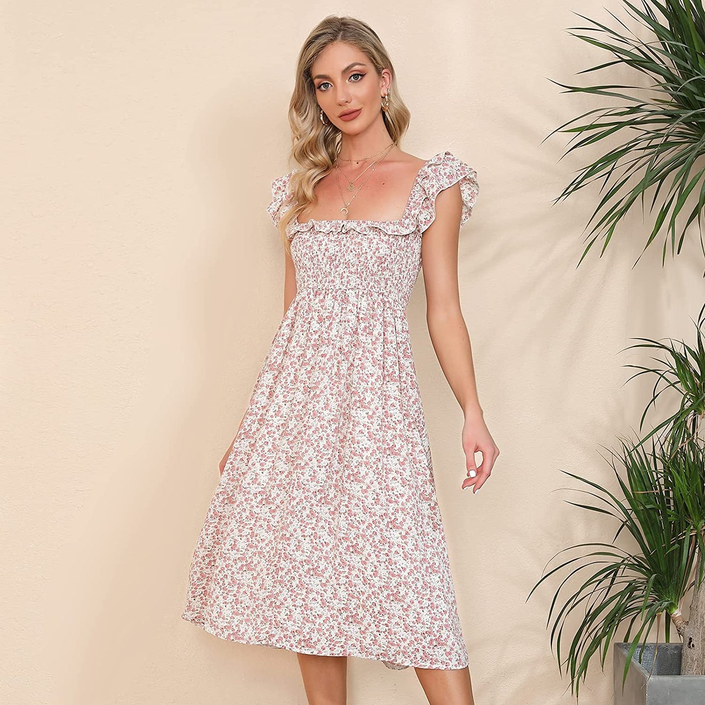 EXLURA Women's Sleeveless Dress Square Neck Floral Print High Waist A-line Ruffle Smocked Backless Midi Dress