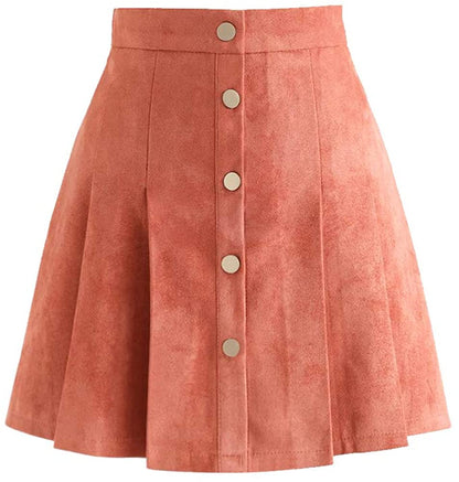 Exlura Womens Faux Suede High Waist Pleated Short Skirt Elastic Button Front Skater Mini Skirt