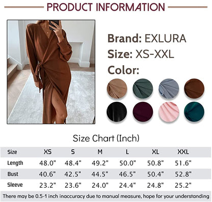 EXLURA Womens Knit Sweater Dress Casual Solid Long Sleeve Wrap Maxi Dresses with Belt