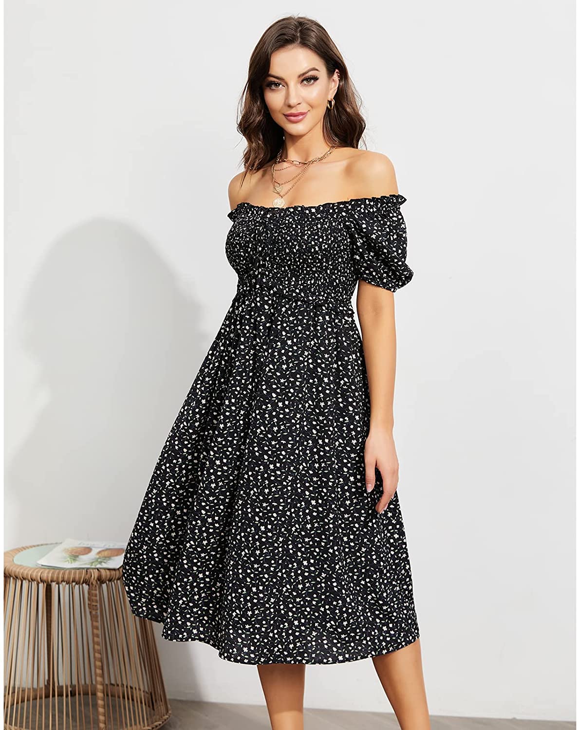 EXLURA Womens Square Neck Dress Puff Short Sleeve High Waist Smocked Ruffle Floral Sweetheart Neckline A-line Midi Dress