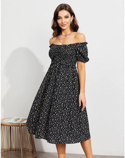 EXLURA Womens Square Neck Dress Puff Short Sleeve High Waist Smocked Ruffle Floral Sweetheart Neckline A-line Midi Dress