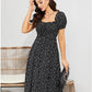 EXLURA Womens Square Neck Dress Puff Short Sleeve High Waist Smocked Ruffle Floral Sweetheart Neckline A-line Midi Dress