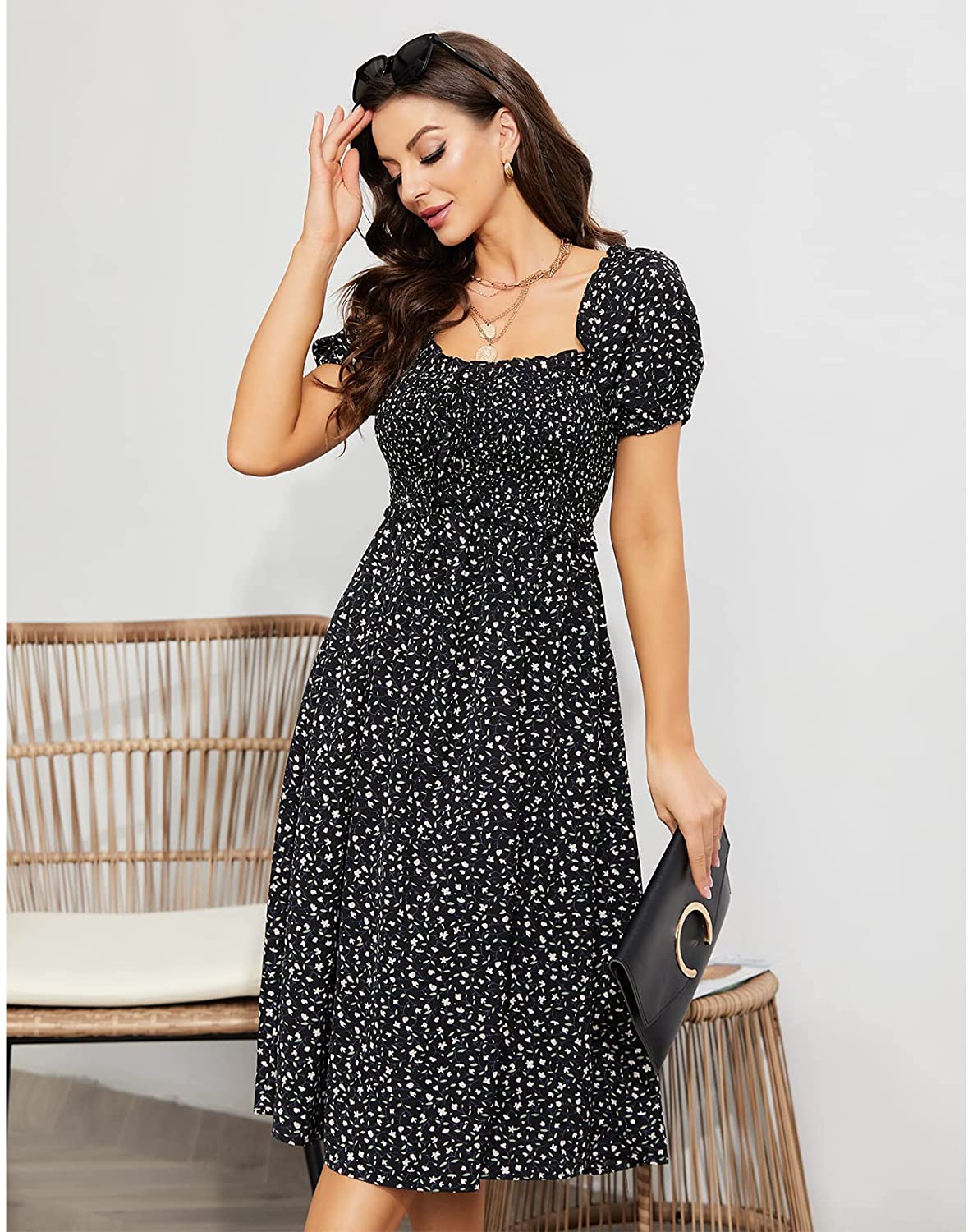 EXLURA Womens Square Neck Dress Puff Short Sleeve High Waist Smocked Ruffle Floral Sweetheart Neckline A-line Midi Dress