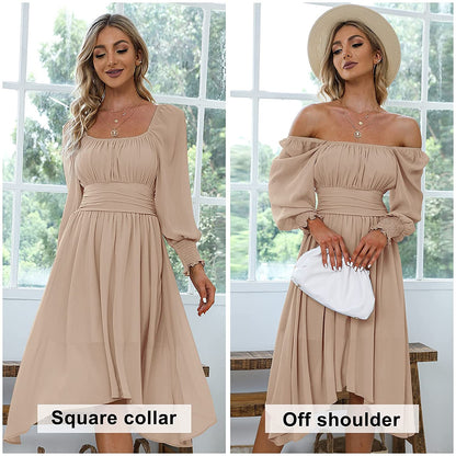 EXLURA Women's Tie Back Asymmetrical Hem Off Shoulder A-line Dresses Long Lantern Sleeve Ruffle Midi Dress
