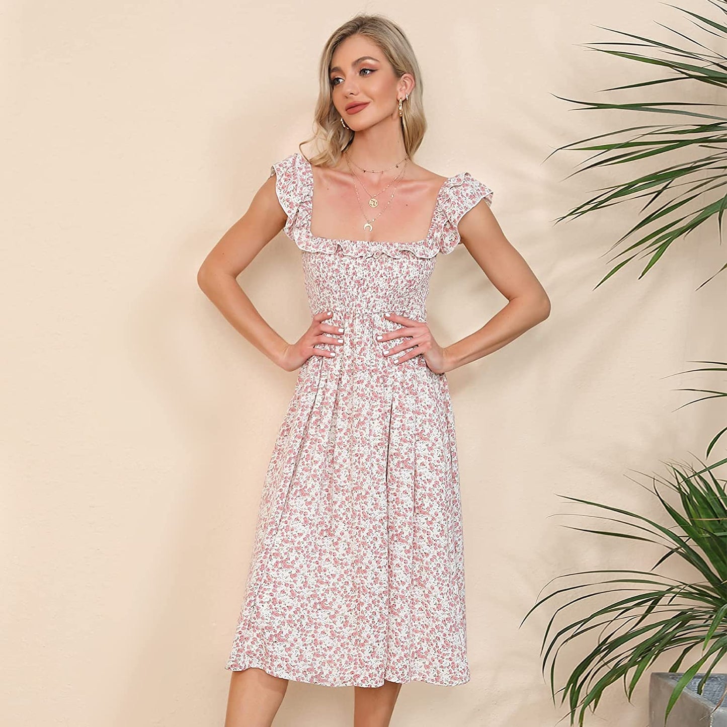 EXLURA Women's Sleeveless Dress Square Neck Floral Print High Waist A-line Ruffle Smocked Backless Midi Dress