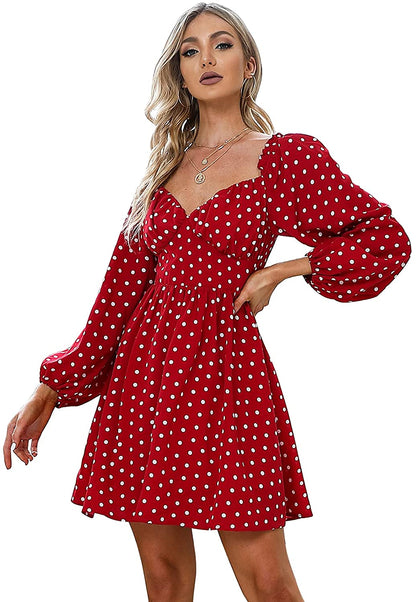 EXLURA Women's Polka Dot Off Shoulder Ruffled Chiffon Mini Dress Long Lantern Sleeve A-line Dresses Deep V-Neck Casual Dress