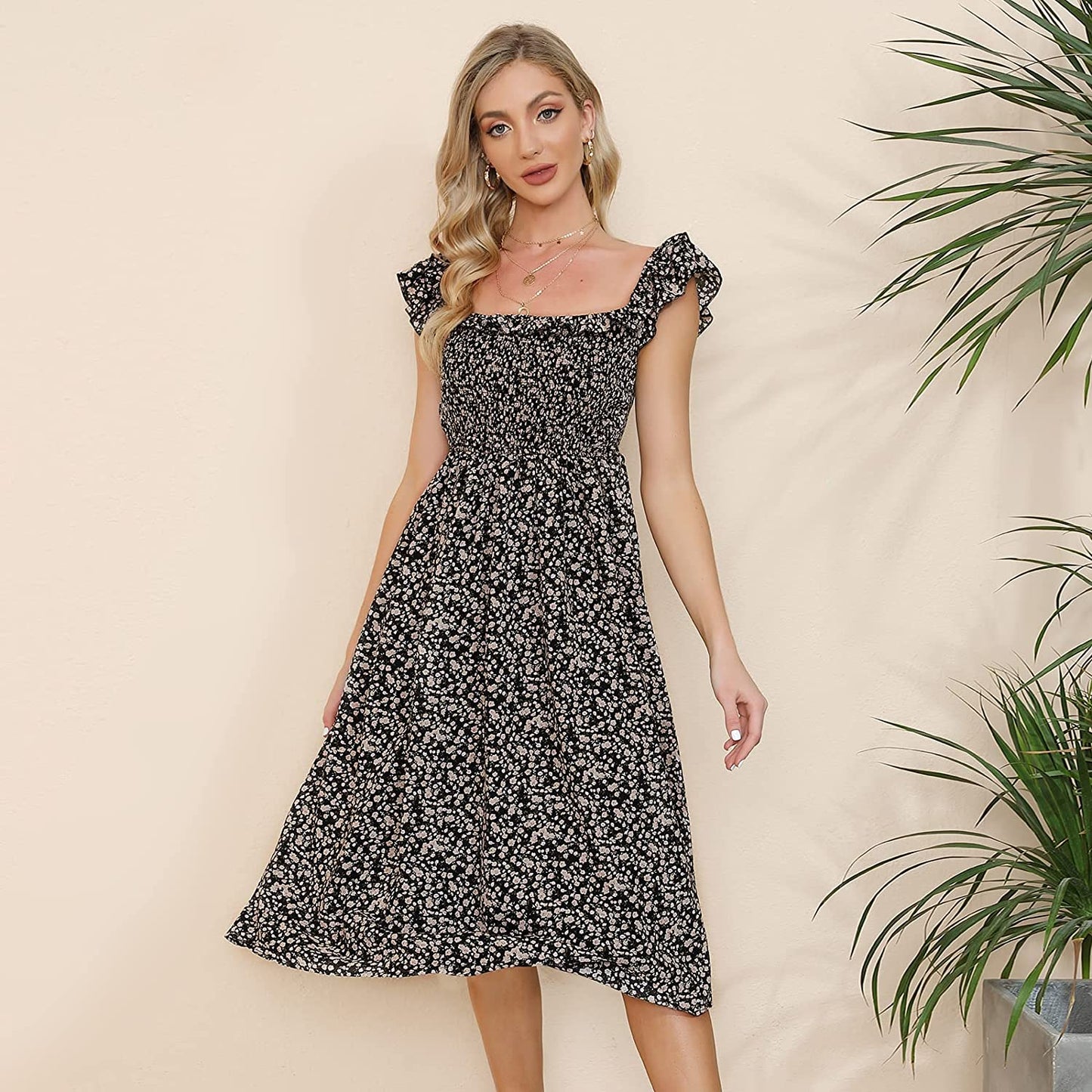 EXLURA Women's Sleeveless Dress Square Neck Floral Print High Waist A-line Ruffle Smocked Backless Midi Dress