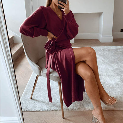 EXLURA Womens Knit Sweater Dress Casual Solid Long Sleeve Wrap Maxi Dresses with Belt