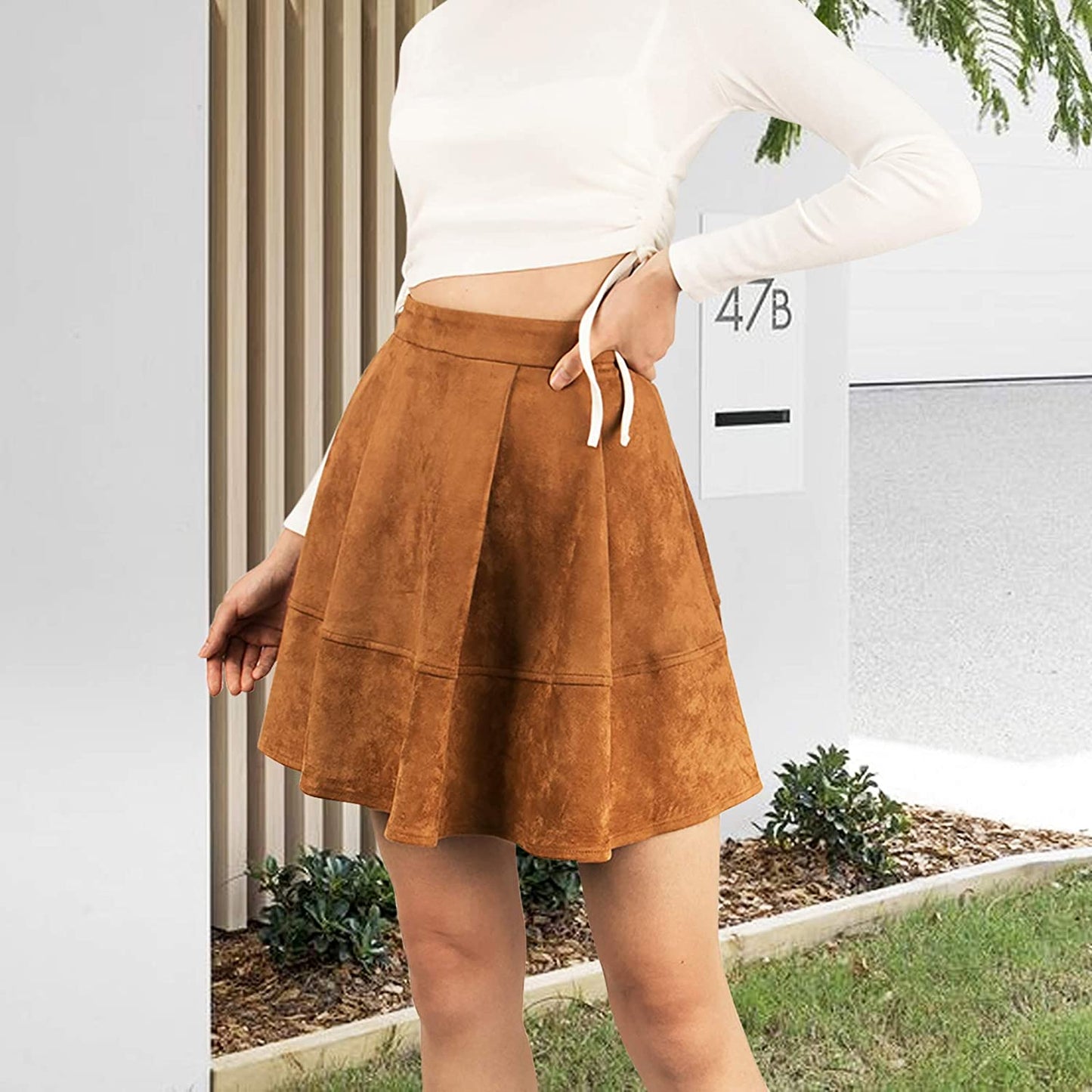 Exlura Womens Faux Suede High Waist Pleated Short Skirt Elastic Button Front Skater Mini Skirt 013