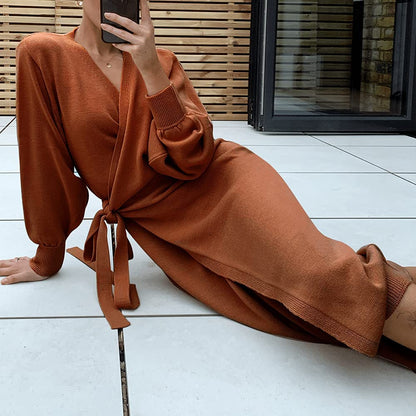 EXLURA Womens Knit Sweater Dress Casual Solid Long Sleeve Wrap Maxi Dresses with Belt